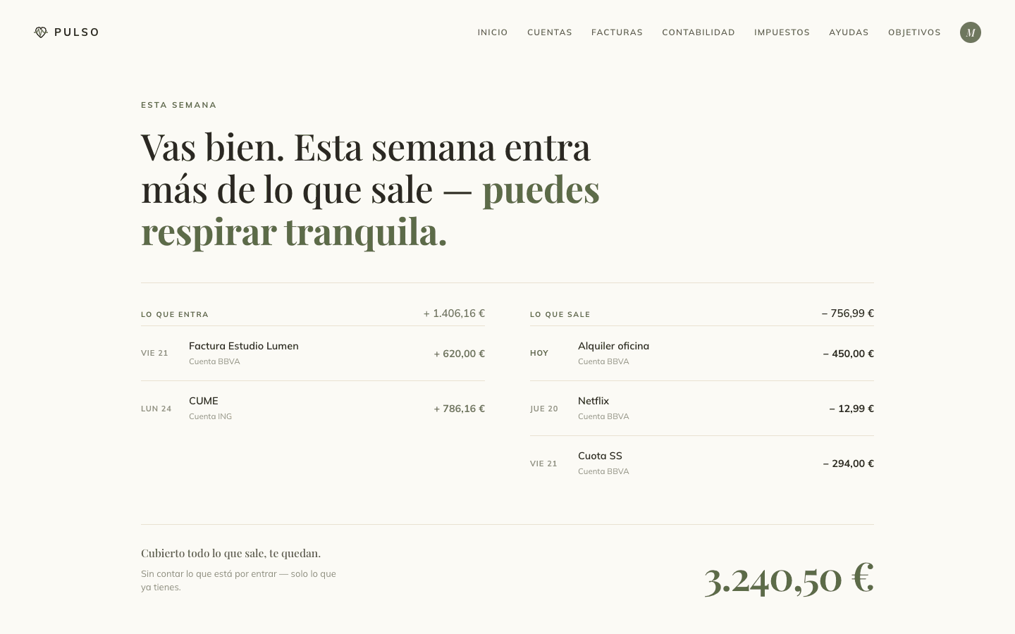 Pulso — pantalla de Inicio